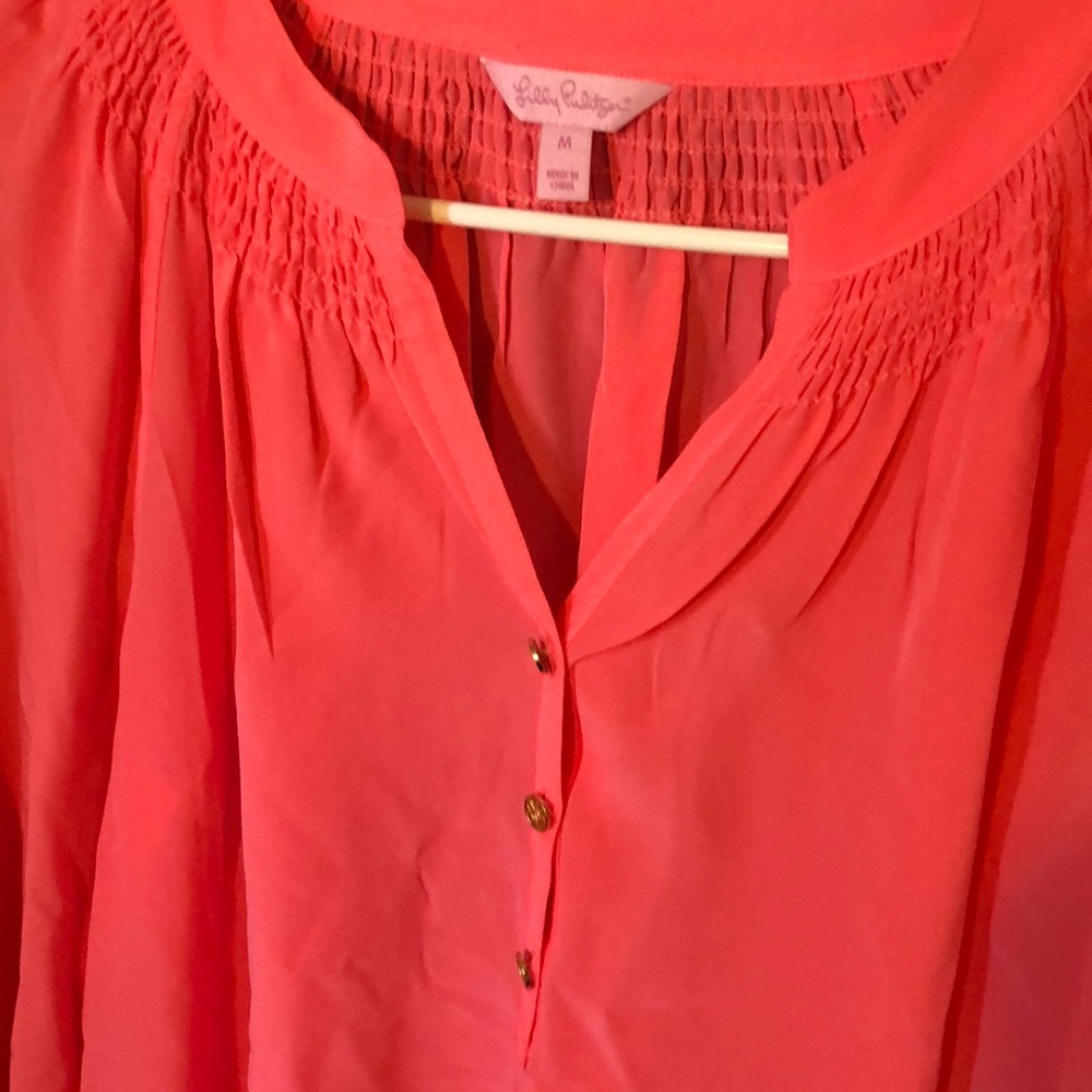 Lilly Pulitzer Coral Pink Long Sleeve Smocked Yoke Blouse - Picture 4 of 5